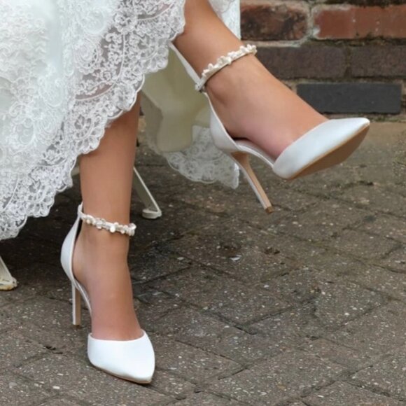 Lace&Favour Perfect Bridal Ella Ivory Satin Pearl Ankle Strap Bridal